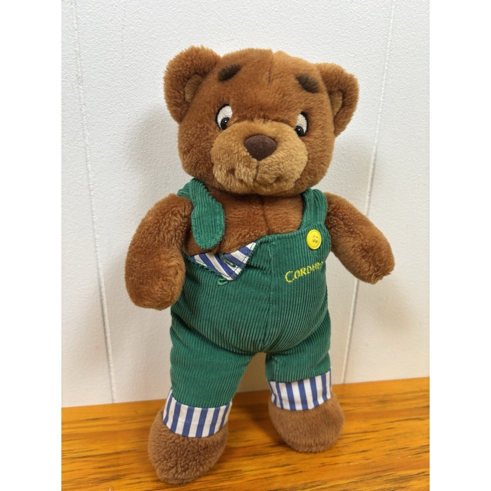 Vintage 1997 Eden Corduroy Bear‎ Brown Teddy Green Overalls Stufffed Plush Toy
